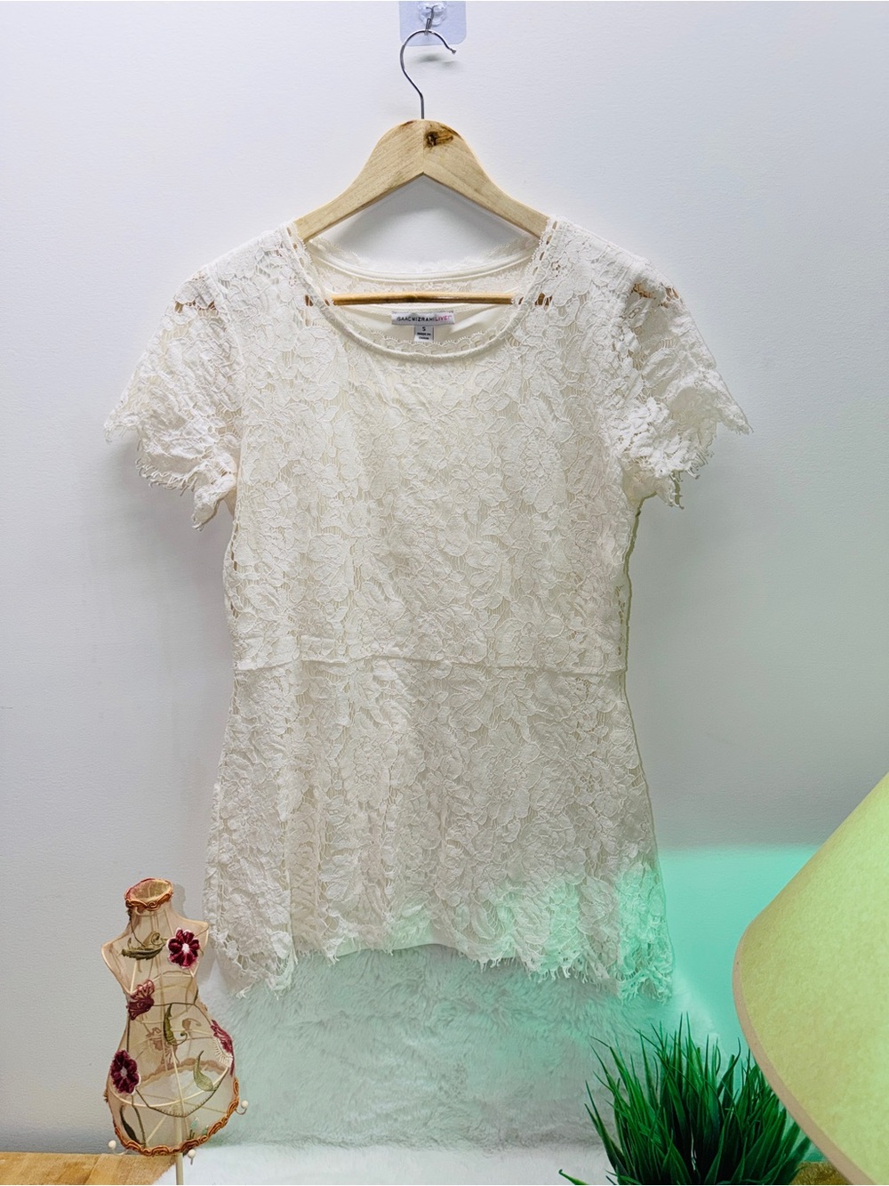 Cotton Blend Isaac Mizrahi Cream Lace Short-Sleeve Peplum Tunic Floral Lace 💝